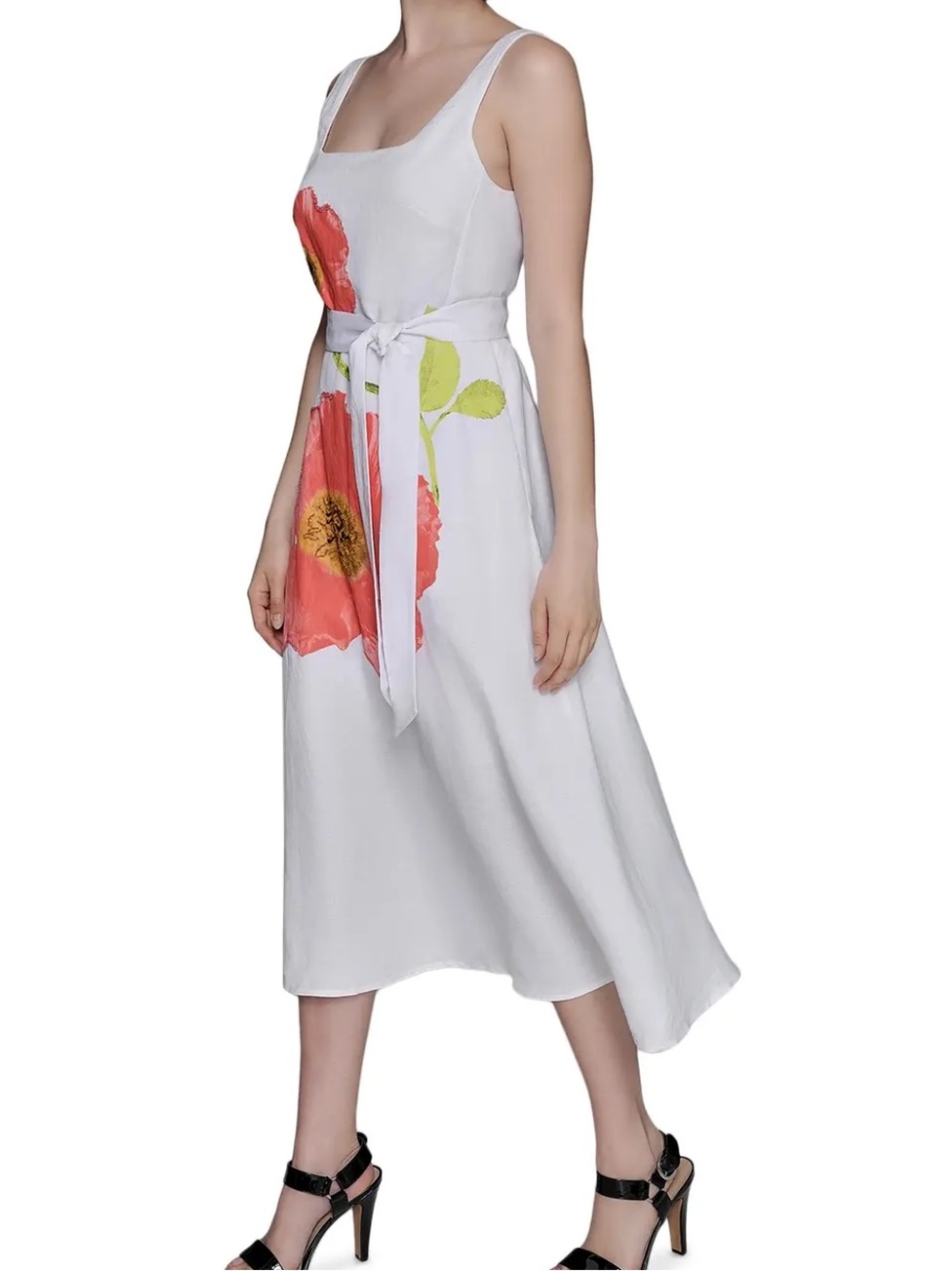 Karl Lagerfeld Paris Beaded Floral Linen Blend Belted Midi Dress Size 6 - Picture 3 of 12